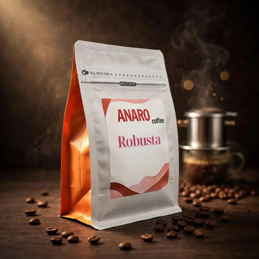 Túi cà phê ANARO Robusta bên phin cà phê đang nhỏ giọt